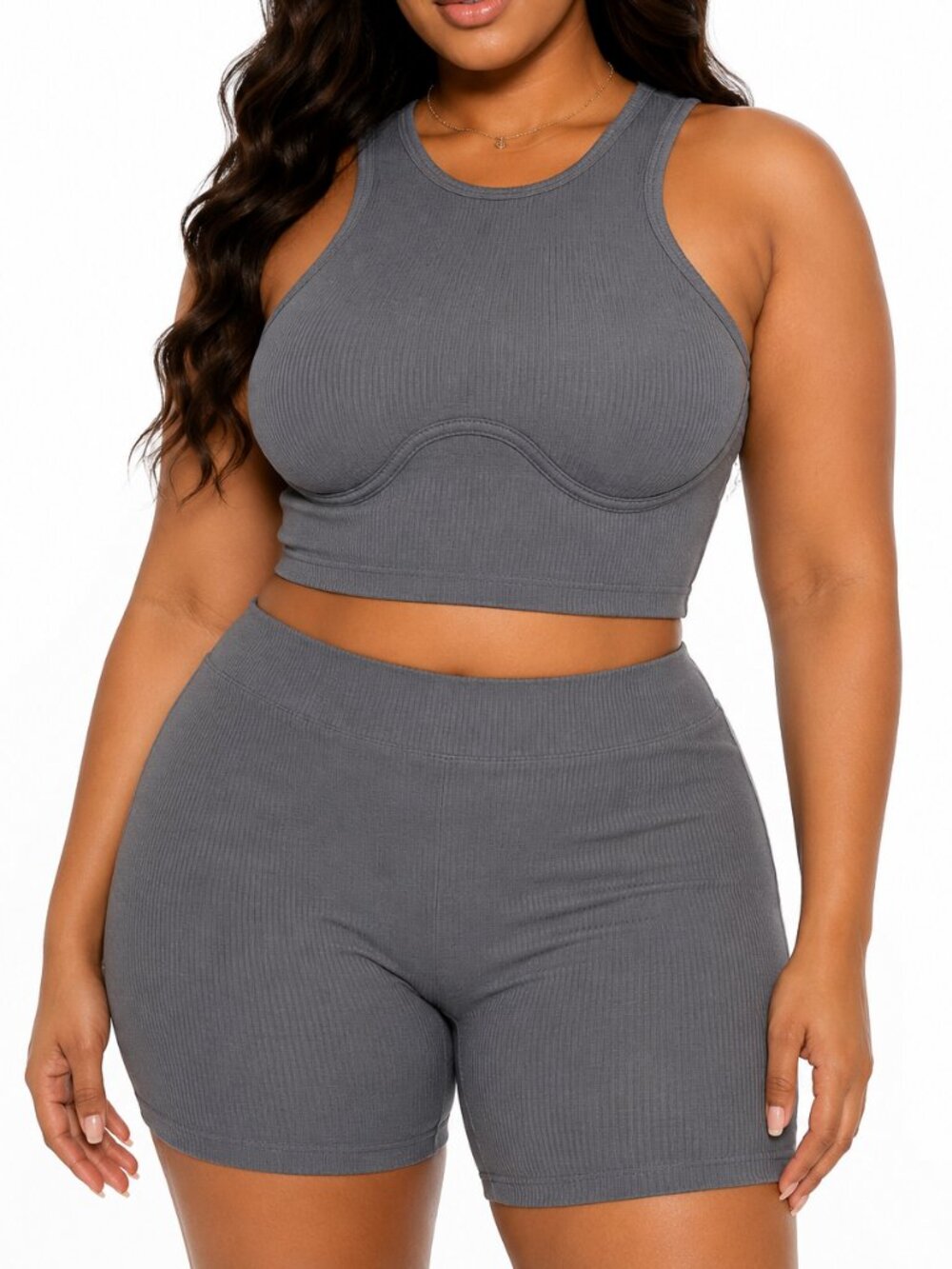 ICON APPAREL Cybercore Ribbed 2-Piece Set Gray Racerback Tank Biker Shorts L/XL